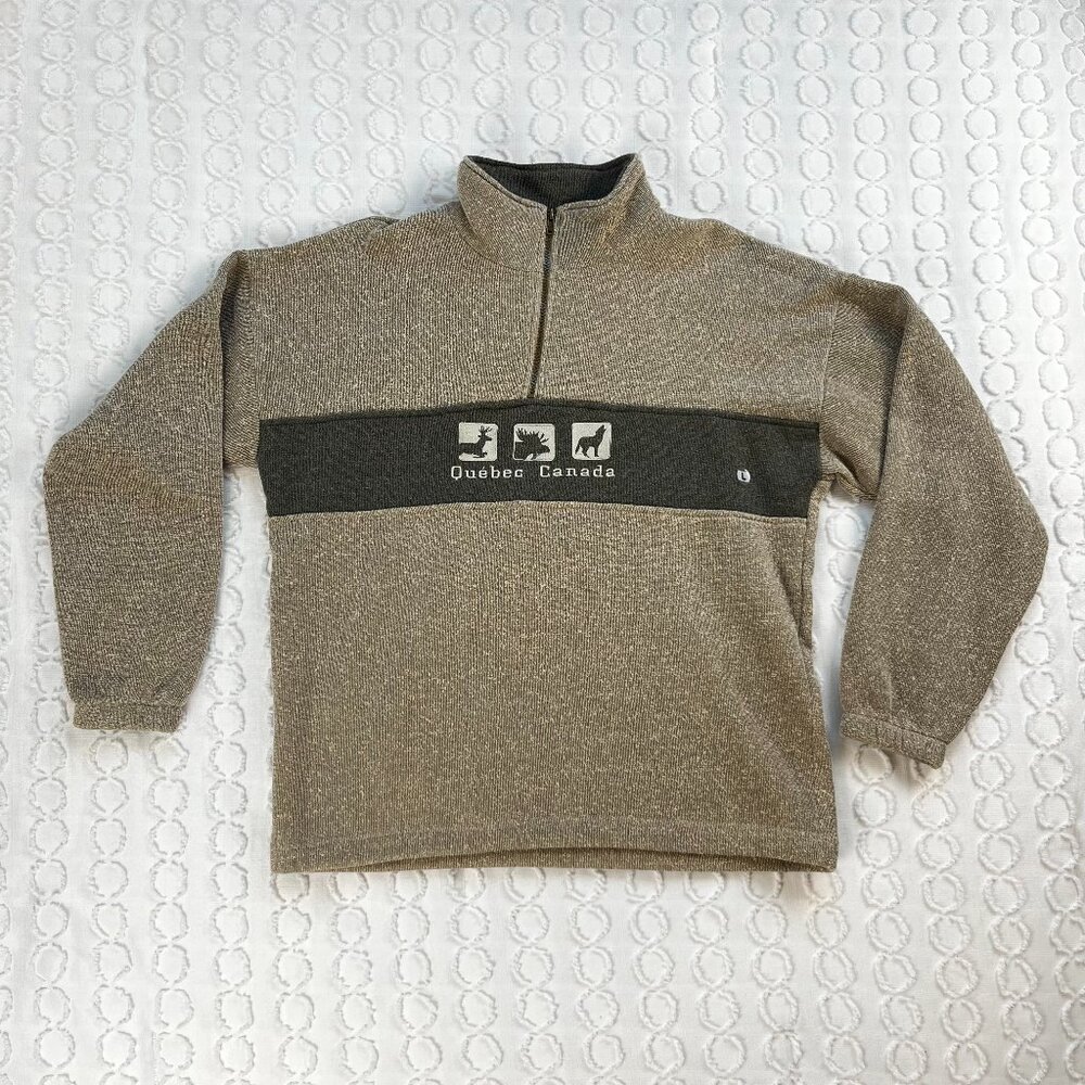 Souvenirs Northern Quebec Canada Sweater Men's Large 1/4 Zip Brown Winter Fall
